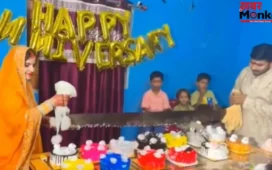 शादी की सालगिरह पर अनोखा अंदाज, कपल ने आरी से काटा केक, वीडियो वायरल