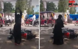बीच सड़क पर पत्नी का गुस्सा फूटा, पति की बाइक पर बरसाए पत्थर, वीडियो वायरल