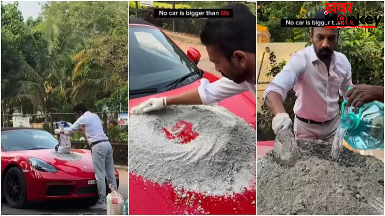 पोरशे कार के बोनट पर सीमेंट घोलकर भरा गड्ढा, बेंगलुरु का वीडियो वायरल