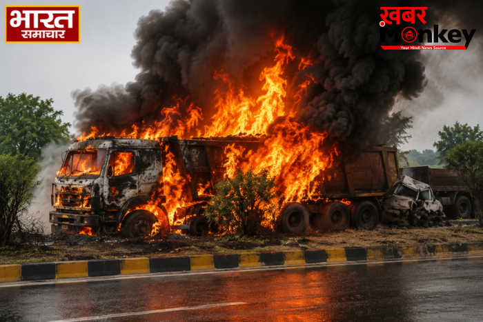 गोरखपुर फोरलेन पर भीषण टक्कर,आग का गोला बना ट्रक,चालक और खलासी की जिंदा जले