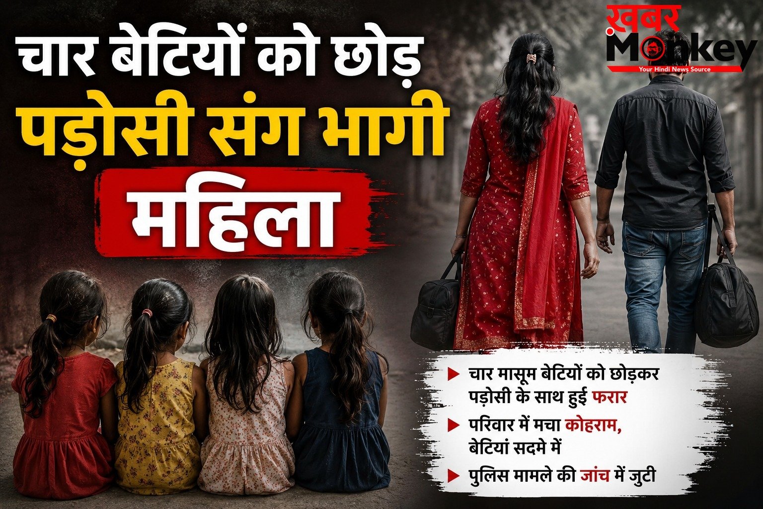 चार बेटियों को छोड़ पड़ोसी संग भागी महिला, पति ने लाखों रुपये और जेवर ले जाने का लगाया आरोप