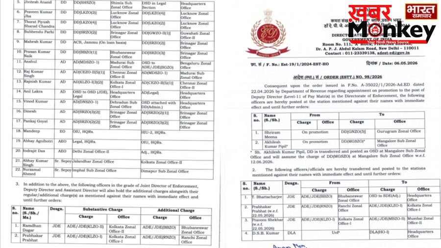 Delhi: प्रवर्तन निदेशालय (ED) में बड़ा प्रशासनिक बदलाव, पढ़ें पूरी लिस्ट…