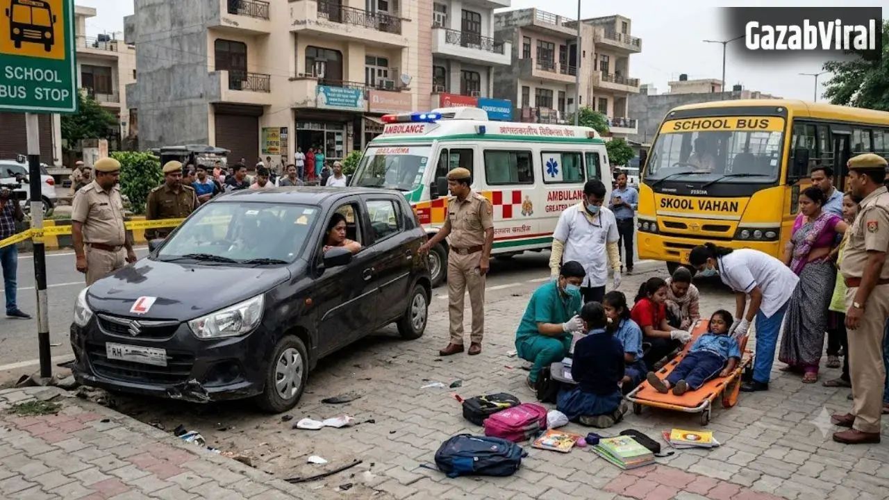 ग्रेटर नोएडा में बड़ा हादसा, ड्राइविंग सीख रही महिला की कार ने स्कूल बस का इंतजार कर रहे बच्चों को मारी टक्कर