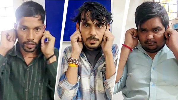 नशे की हालत में तीन युवकों ने मंदिर की दीवार पर किया पेशाब, फिर कान पकड़कर मांगी माफी